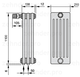 Схема (чертеж) Радиатор Zehnder Charleston 6110/3 №V007 Белый глянцевый RAL 9016